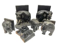 Three pairs of carved wooden elephant bookends