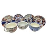 Four Japanese imari chargers together with three chamber pots