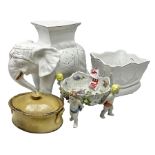 White glazed elephant jardiniere stand; Capo di Mote table centre-piece; and French game-pie dish