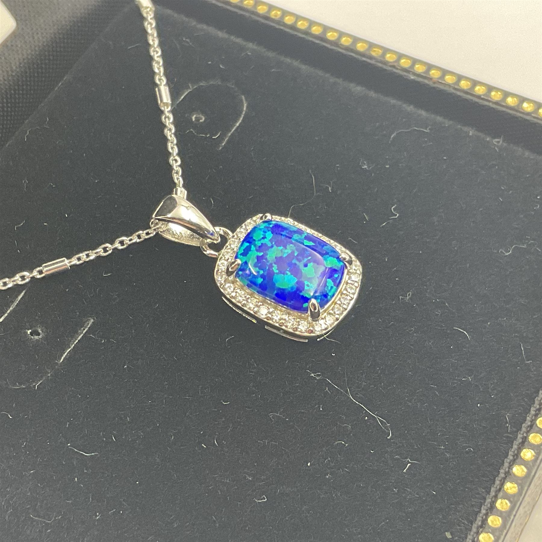 Silver blue opal and cubic zirconia cluster pendant necklace - Image 2 of 3