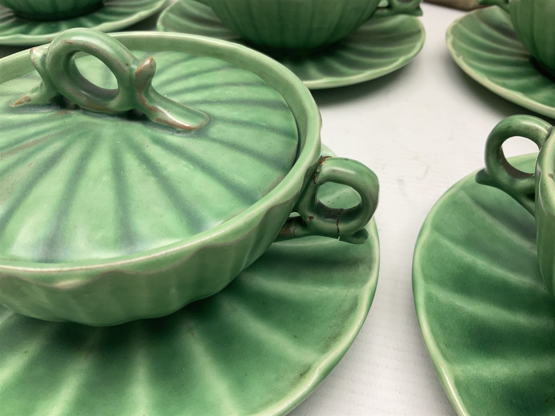 Set of six twin handled soup bowls with saucers and covers by Brannan Barnstaple Pottery - Image 3 of 15