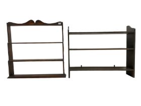 Pine and mahogany three-tier wall hanging shelf; and another wall hanging waterfall shelf