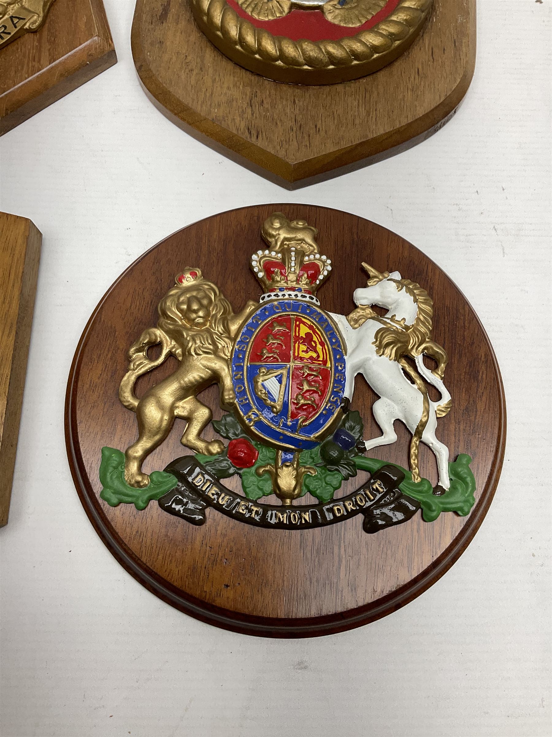 Navy crests upon wooden shields and a brass model anchor - Image 3 of 5