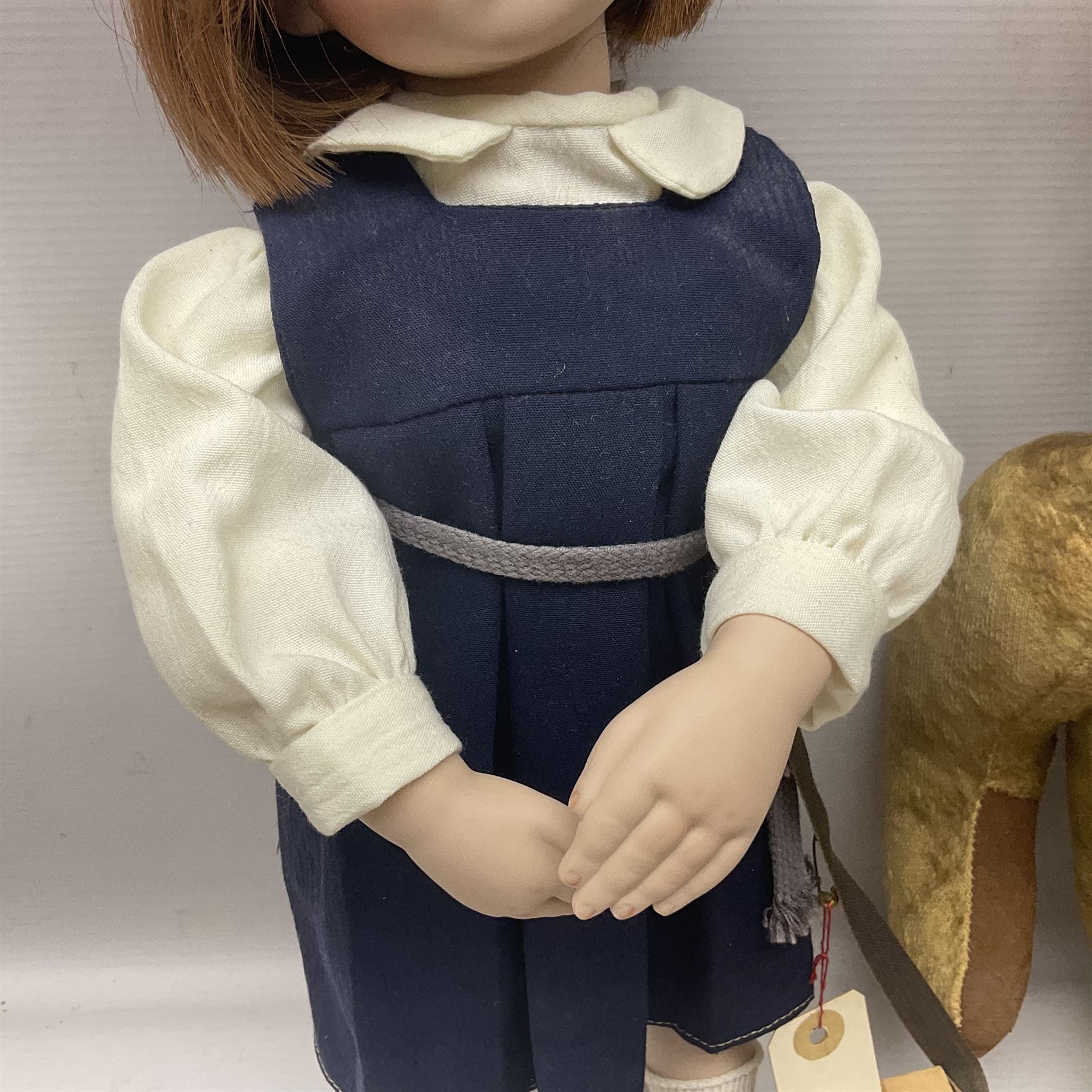 Mid-20th century woodwool filled teddy bear; and porcelain doll dressed as a WW2 evacuee - Image 3 of 9