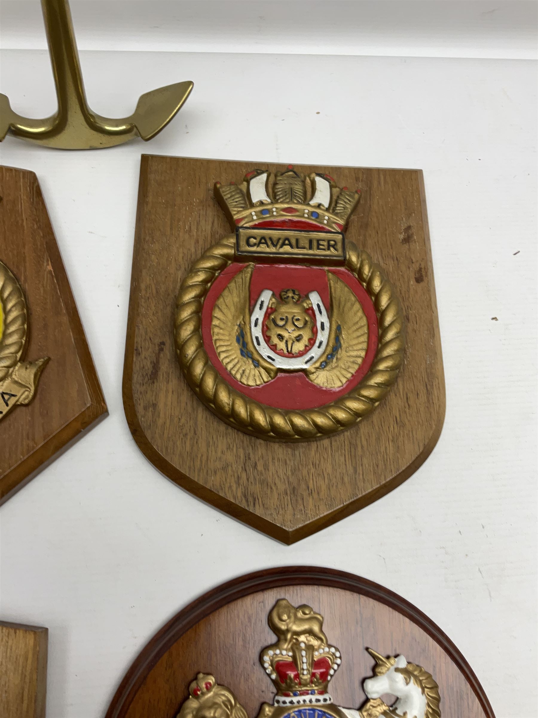 Navy crests upon wooden shields and a brass model anchor - Image 5 of 5