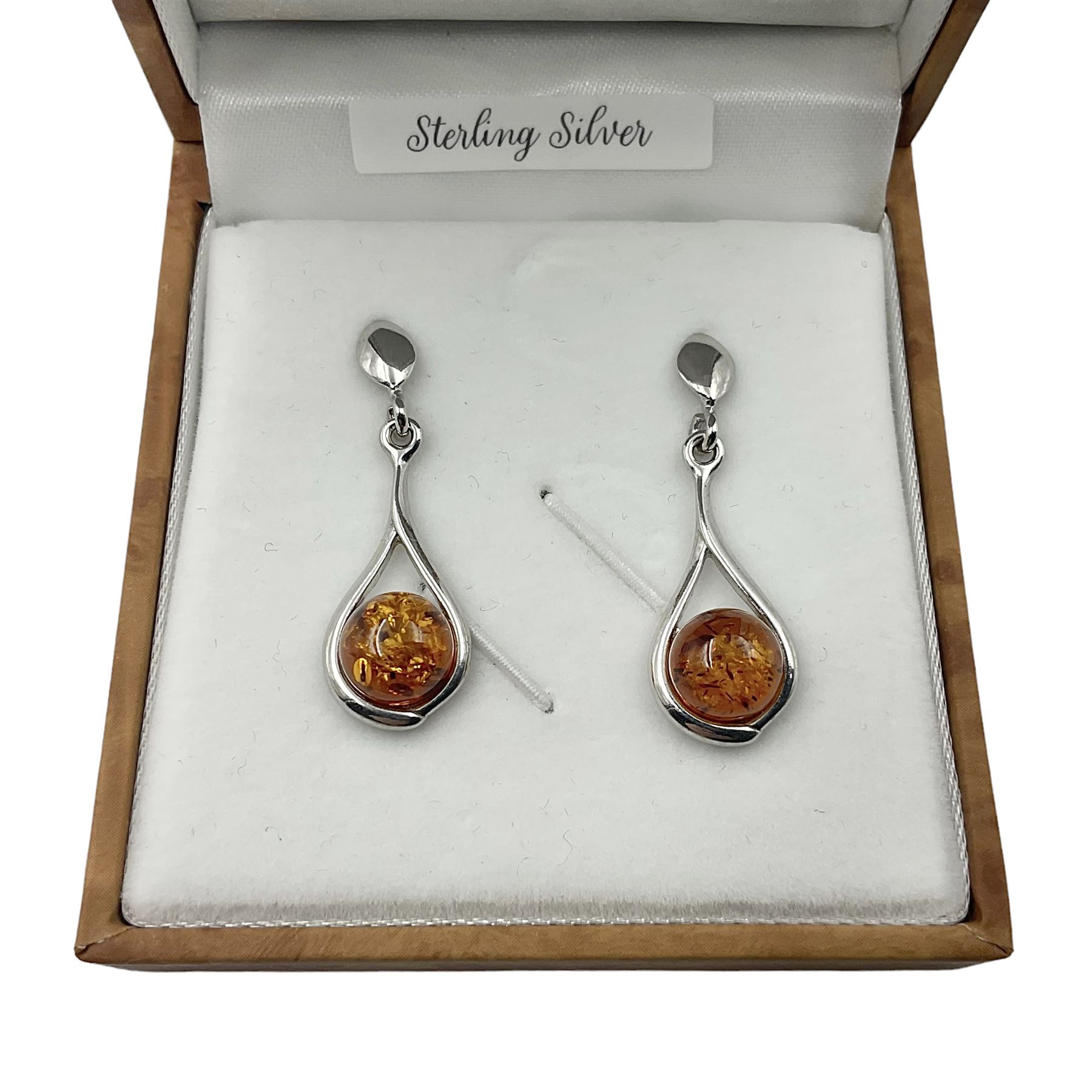 Pair of silver Baltic amber pendant earrings