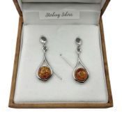 Pair of silver Baltic amber pendant earrings