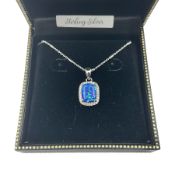Silver blue opal and cubic zirconia cluster pendant necklace