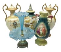 Blue glass single stem epergne with painted floral decoration
