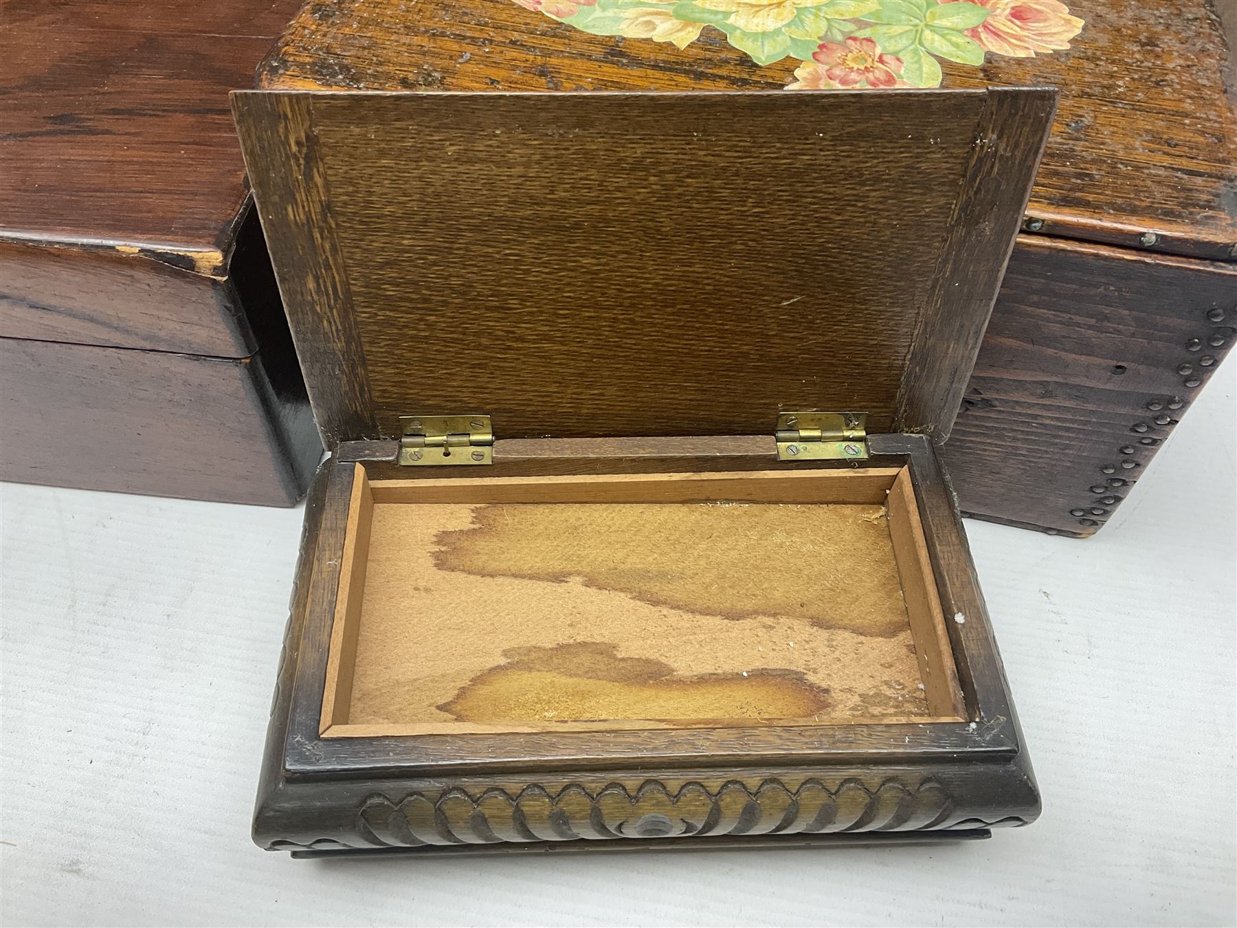 Leather suitcase together with three wooden boxes - Image 3 of 11