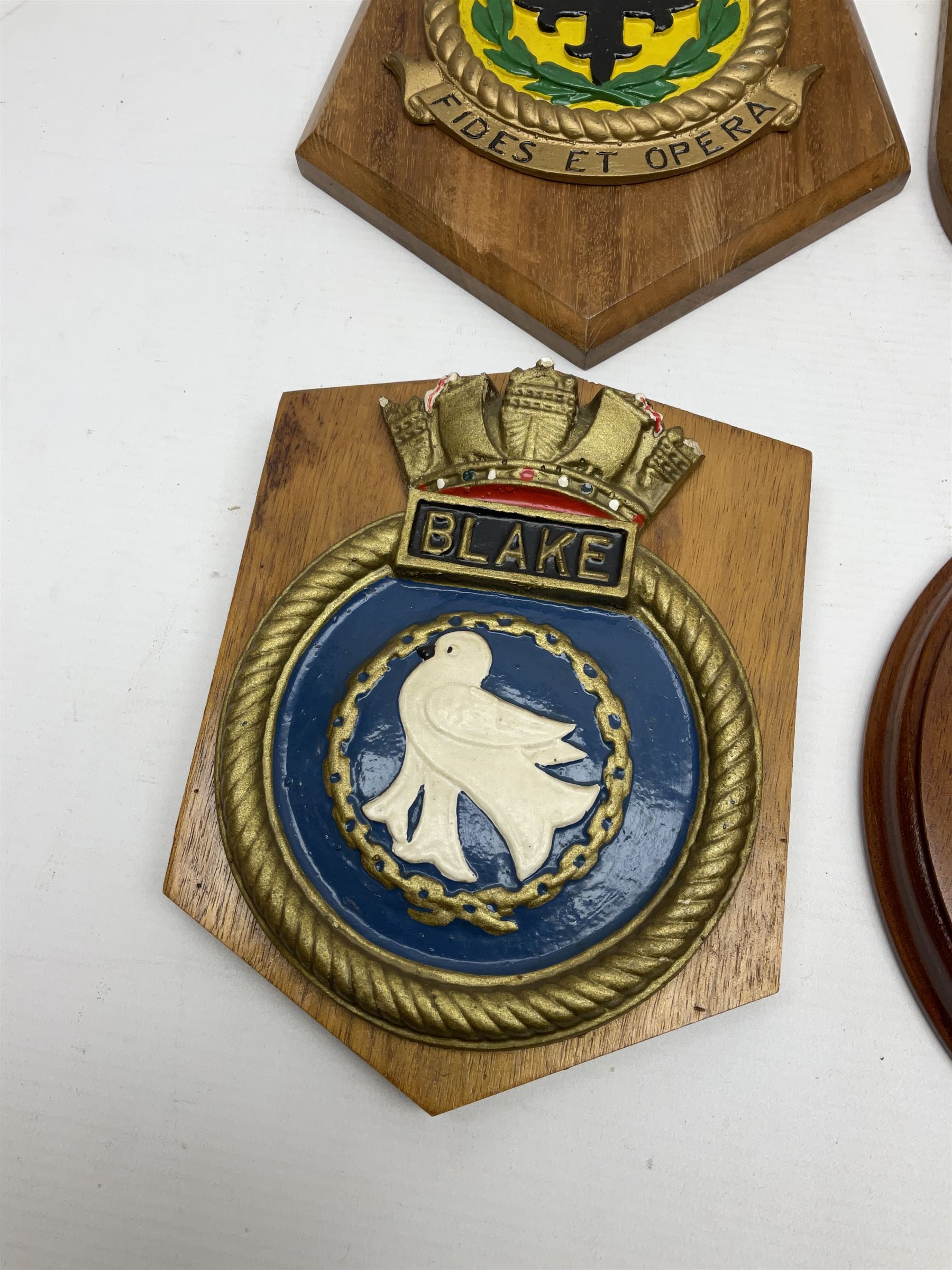 Navy crests upon wooden shields and a brass model anchor - Image 2 of 5