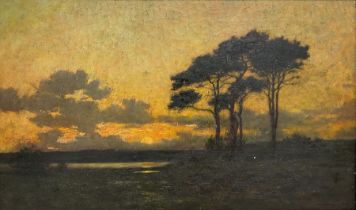 English School (19th century): Sunset over Flatland Landscape with Tree