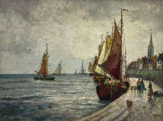 Claude Montier (20th Century): Figures and Ships Along the Promenade