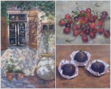 Nancy Agnew (British 20th century): Still Life of Cherries and Figs and Cottage Scene