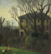 Barbara Hamlyn (British 20th century): Children Playing Outside Manor in Winter