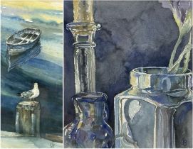 Catherine J Stephenson (Yorkshire 1967-): Seagull at Whitby Harbour and Still Life of Jars