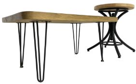 Rectangular oak top coffee table on wrought metal supports (92cm x 61cm