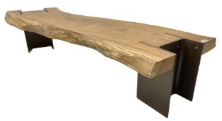 Raw edge shaped oak plank bench or side table on steel RSJ supports