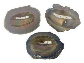 Three polished agate geode stone dish