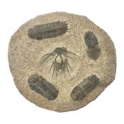 Montage group of trilobites in stone matrix