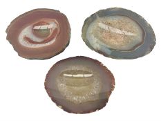 Three polished agate geode stone dishes