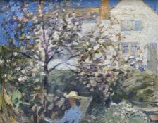 Mark Senior (Staithes Group 1864-1927): 'Blossom' - Lady in a Runswick Bay Garden