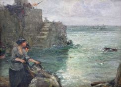 John Robertson Reid (Scottish 1851-1926): Fisherwomen at Porthleven Harbour