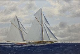 James Miller (British 1962-): 'Columbia and Shamrock Jockeying for Position - America's Cup 1899'