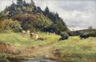 Robert Jobling (Staithes Group 1841-1923): 'Eventide' - Cattle in a Riverside Meadow