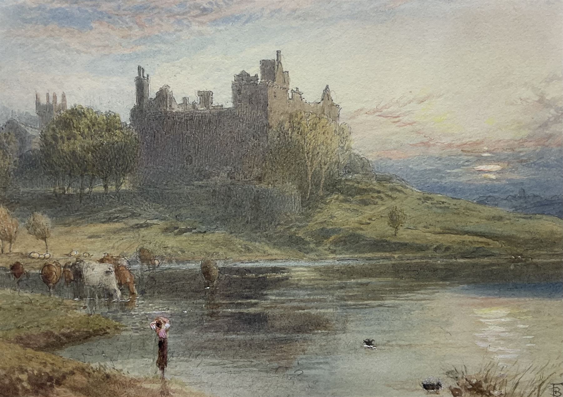 Myles Birket Foster RWS (British 1825-1899): Cattle Watering at Linlithgow Palace