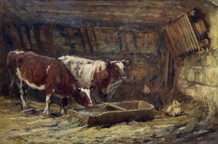 James William Booth (Staithes Group 1867-1953): Shorthorn Cattle and Hens in Stable setting