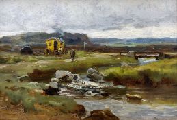 English School (Early 20th century): Gypsy Caravan near an Upland Stream