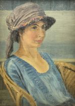 Forrest Hewit (British 1870-1956): Lady in a Blue Dress - half length portrait
