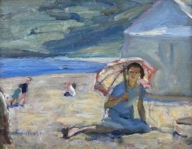 Florence Adelina Hess (Staithes Group 1891-1974): 'Peggy' with a Parasol and Beach Tent at Runswick