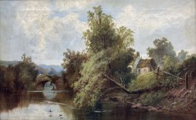 William Gilbert Foster (Staithes Group 1855-1906): River Landscape with Stone Bridge