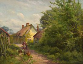 Sidney Valentine Gardner (Staithes Group 1869-1957): Feeding Chickens on a Country Lane