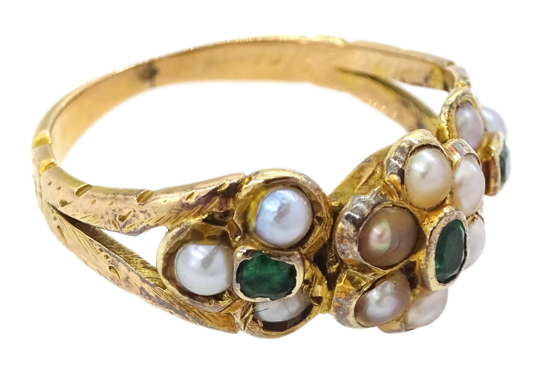 Victorian 15ct gold split pearl and green stone set flower head cluster ring - Image 3 of 4