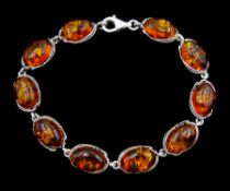 Silver Baltic amber oval link bracelet