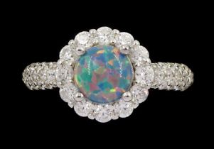 Silver opal and cubic zirconia cluster ring