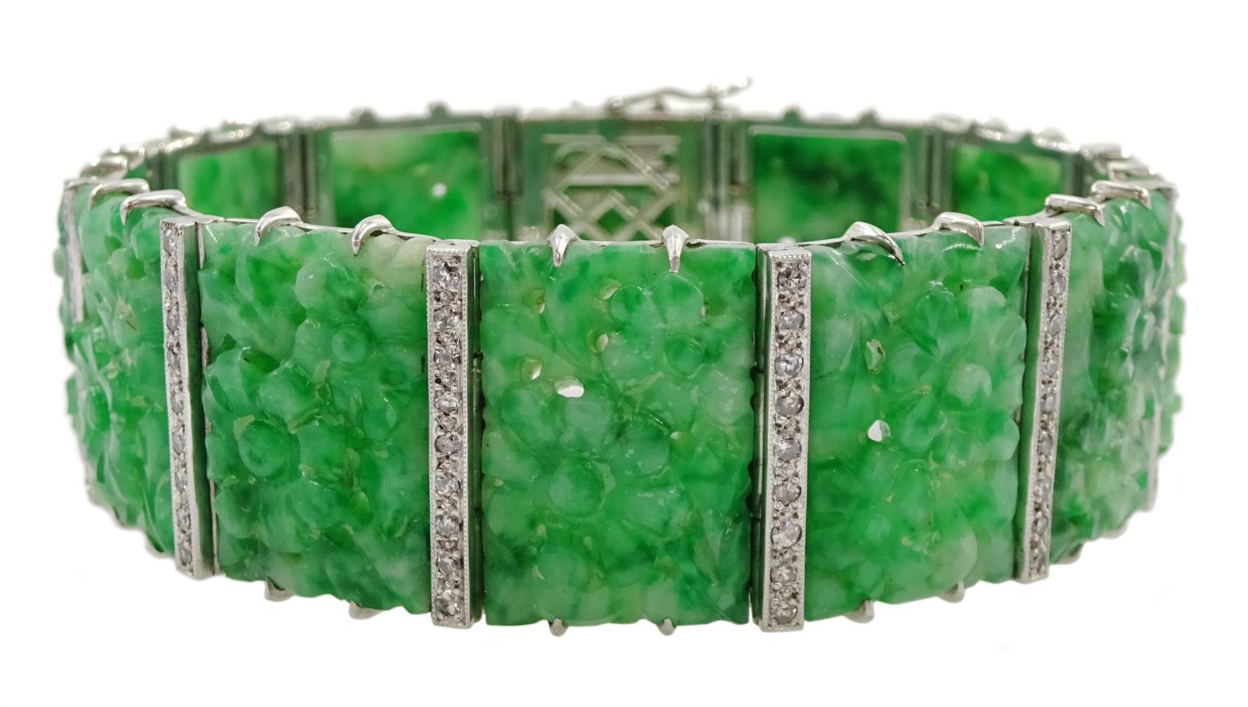 Art Deco platinum and white gold jadeite and diamond bracelet - Image 2 of 5