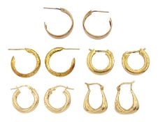 Five pairs of 9ct gold hoop earrings