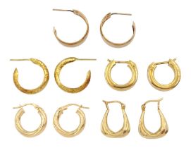 Five pairs of 9ct gold hoop earrings