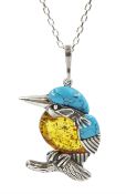 Silver Baltic amber and turquoise kingfisher pendant necklace