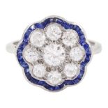 18ct white gold old cut diamond and calibre cut sapphire flower head cluster ring