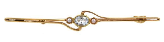 Early 20th century gold aquamarine and seed pearl brooch