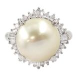 Platinum single stone cultured pearl and diamond cluster ring