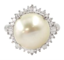 Platinum single stone cultured pearl and diamond cluster ring