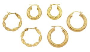 Three pairs 9ct gold hoop earrings