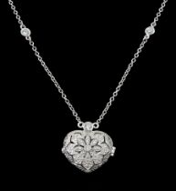 Silver cubic zirconia openwork heart locket pendant necklace