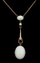 Early 20th century 9ct gold opal and seed pearl pedant necklace
